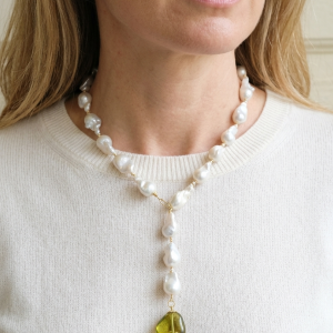 Collana Lariat a Y Perle Naturali Barocche Ambra Verde Argento 925