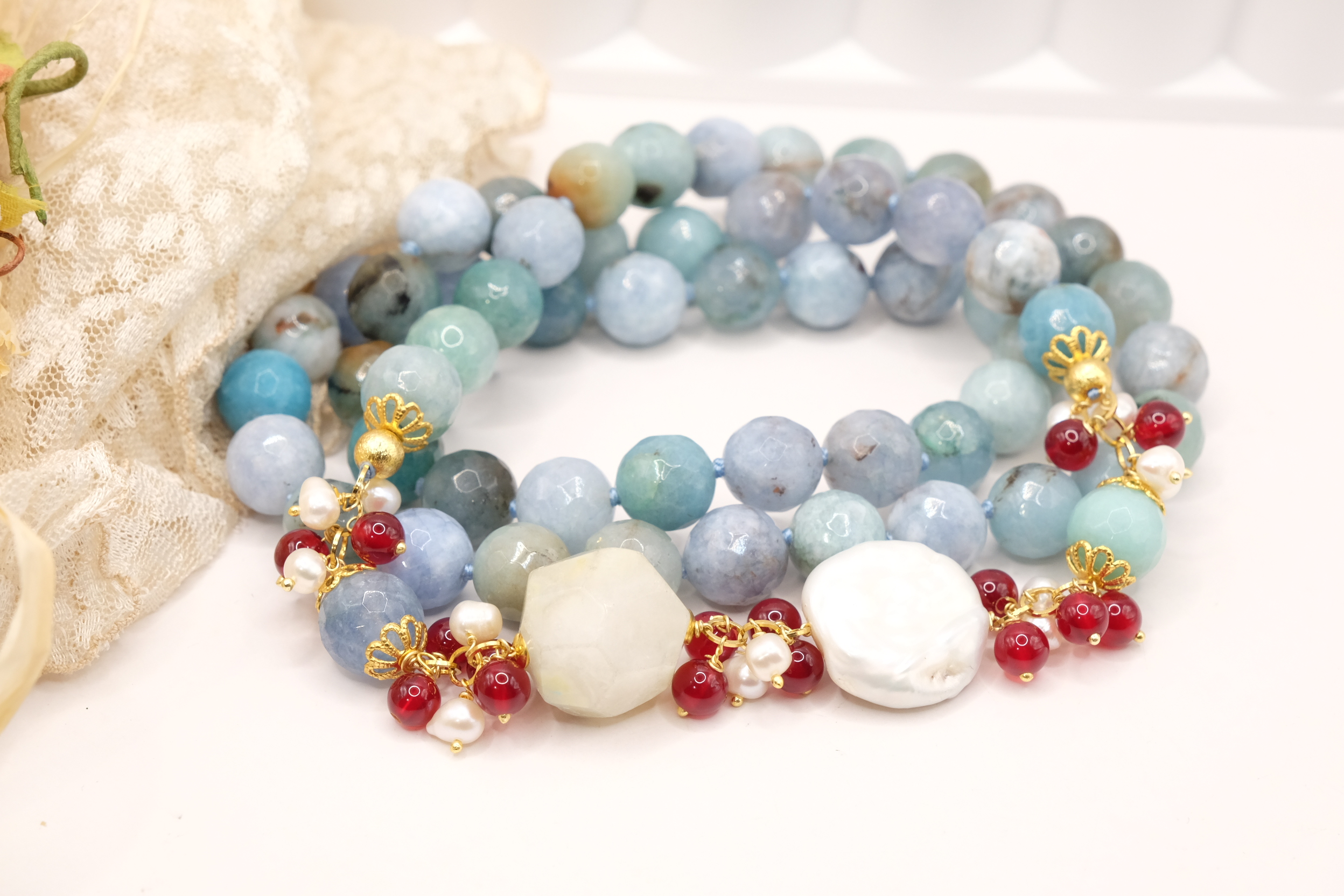 COLLANA ARTIGIANALE LUNGA PERLE GIADA BORGOGNA AMAZZONITE (1)