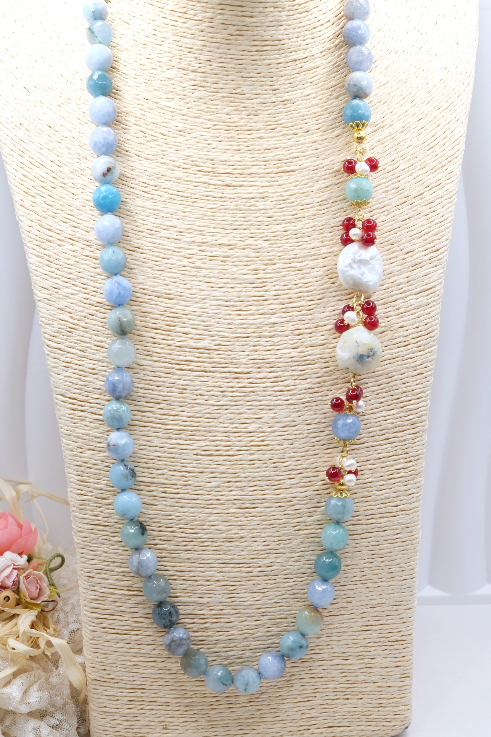 COLLANA ARTIGIANALE LUNGA PERLE GIADA BORGOGNA AMAZZONITE (2)