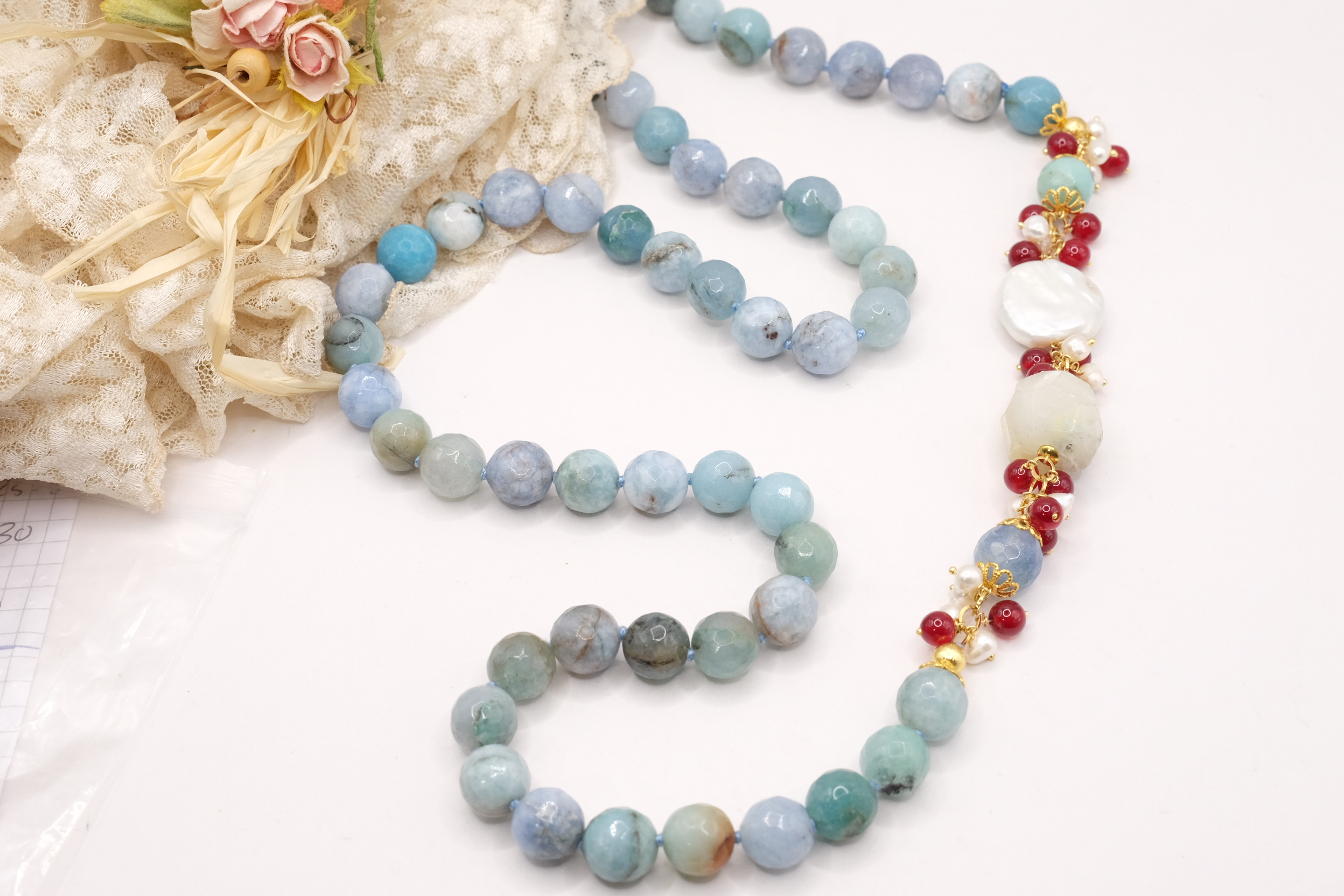 COLLANA ARTIGIANALE LUNGA PERLE GIADA BORGOGNA AMAZZONITE (5)