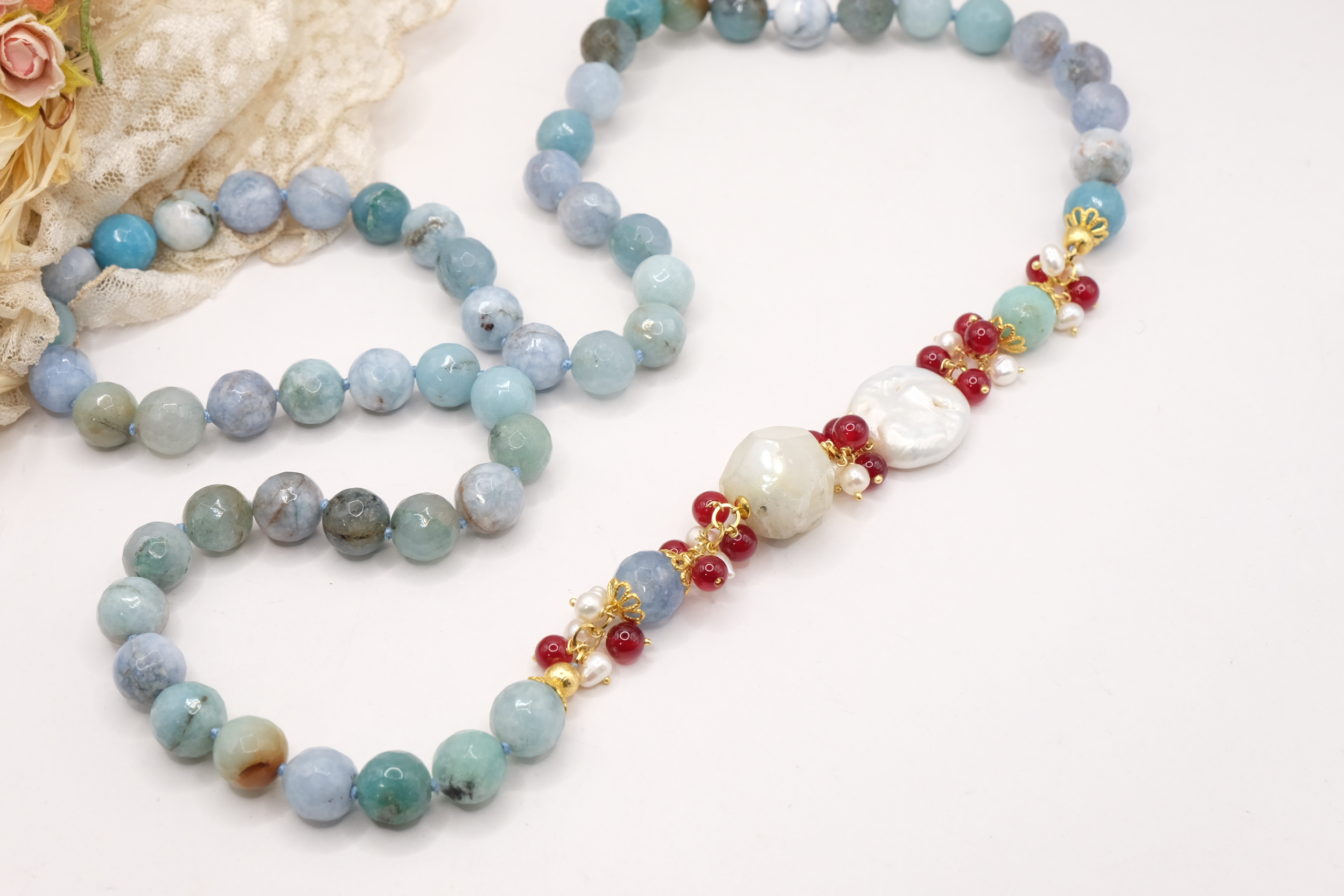 COLLANA ARTIGIANALE LUNGA PERLE GIADA BORGOGNA AMAZZONITE (6)