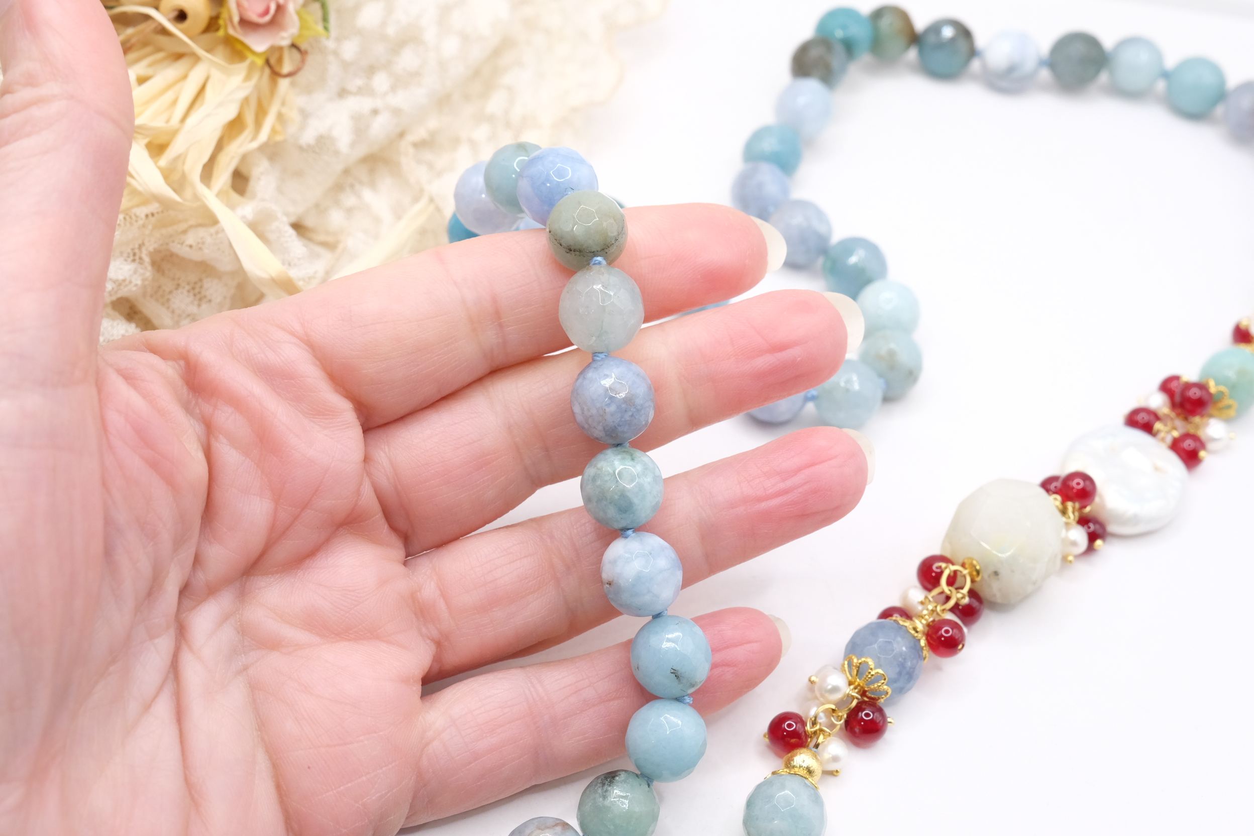 COLLANA ARTIGIANALE LUNGA PERLE GIADA BORGOGNA AMAZZONITE (7)