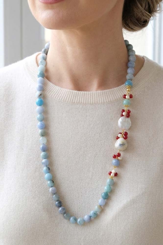 COLLANA ARTIGIANALE LUNGA PERLE GIADA BORGOGNA AMAZZONITE