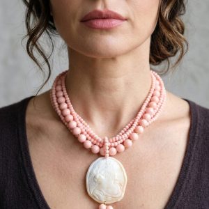 Collana Multifilo Pasta di Corallo Rosa e Cammeo di Torre del Greco a Y