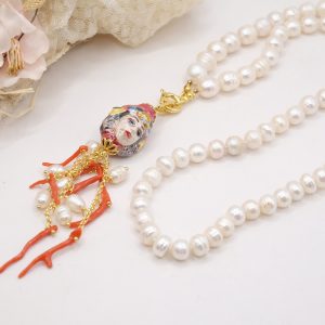 Collana Ciondolo Ceramica di Caltagirone Testa di Moro Perle Argento