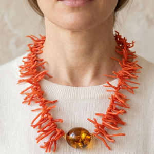 Collana Girocollo Corallo Rosso del Mediterraneo e Ambra