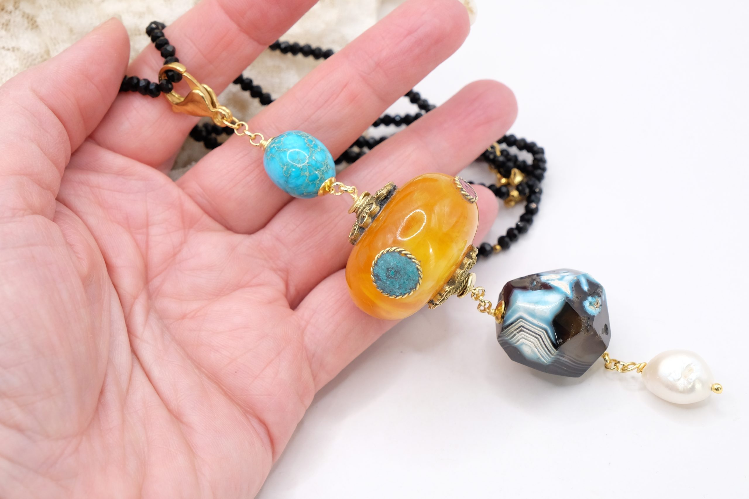 BLACK CRYSTAL NECKLACE CHARLESTON CHANEL NEPALESE ELEMENT TURQUOISE VARIEGATED AGATE PEARLS (5)