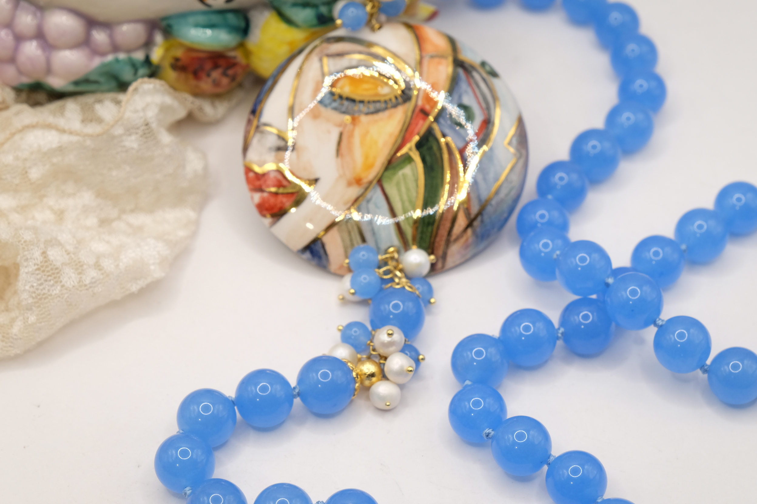 COLLANA GIADA BLU ARTIGIANALE PIASTRA CERAMICA SICILIA DI CALTAGIRONE ARGENTO (1)