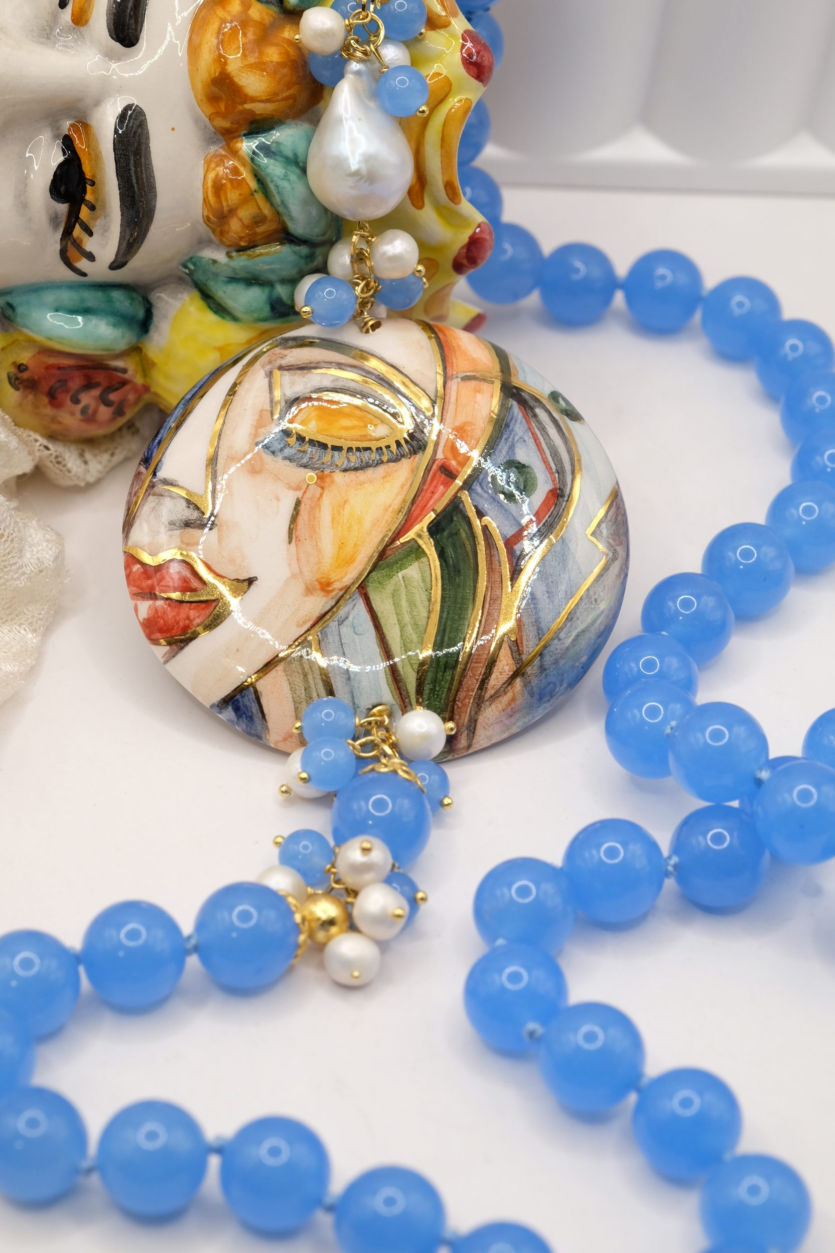 COLLANA GIADA BLU ARTIGIANALE PIASTRA CERAMICA SICILIA DI CALTAGIRONE ARGENTO (2)