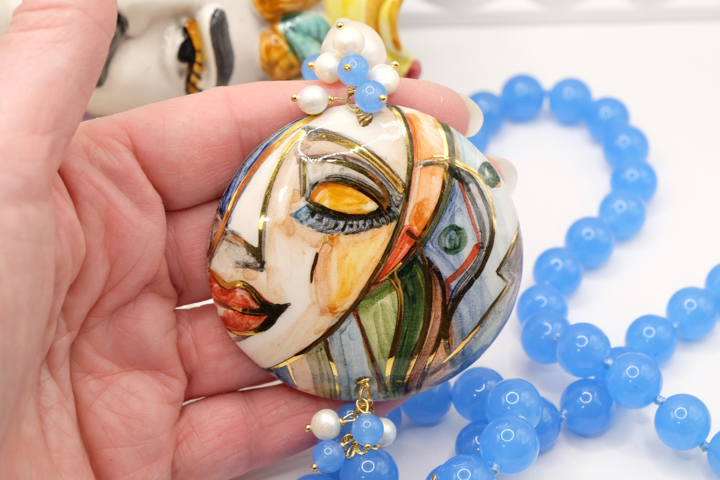 COLLANA GIADA BLU ARTIGIANALE PIASTRA CERAMICA SICILIA DI CALTAGIRONE ARGENTO (3)