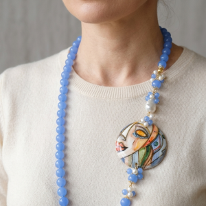 Collana Décolleté Piastra Tonda Ceramica Giada Blu Perle Argento