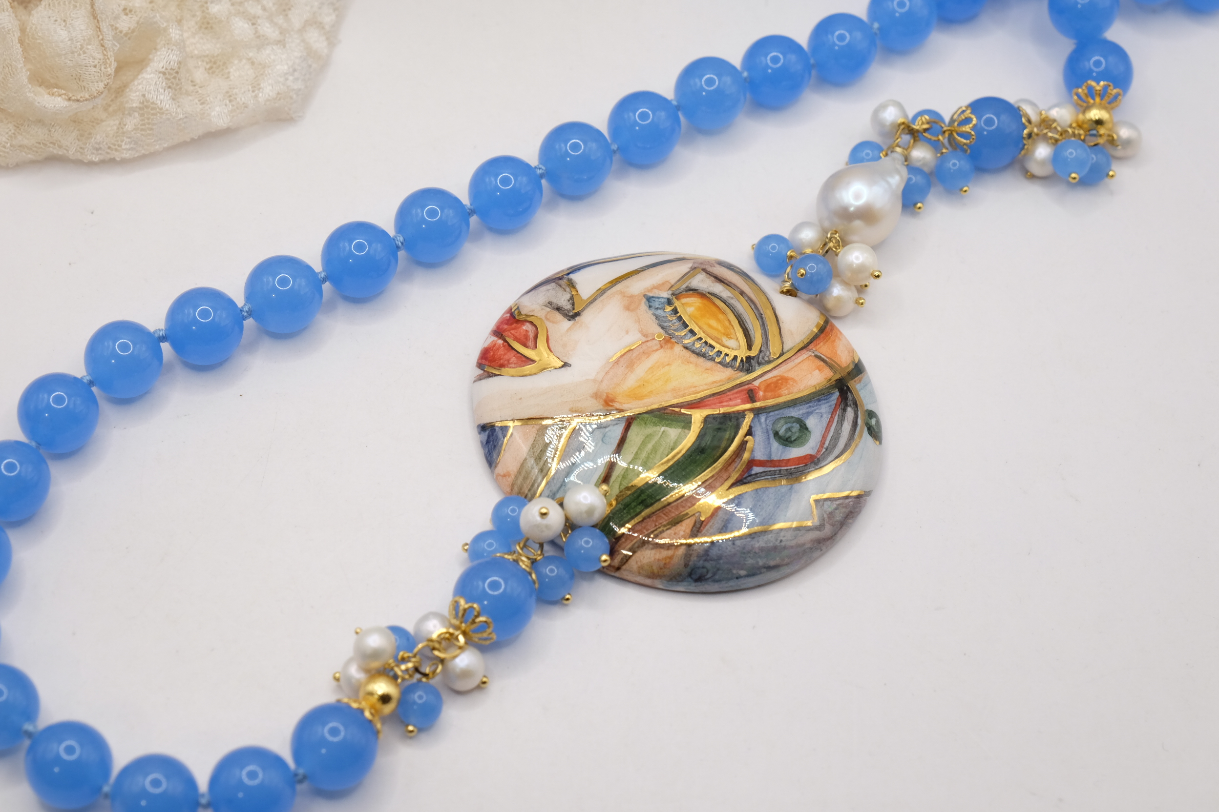 COLLANA GIADA BLU ARTIGIANALE PIASTRA CERAMICA SICILIA DI CALTAGIRONE ARGENTO (5)
