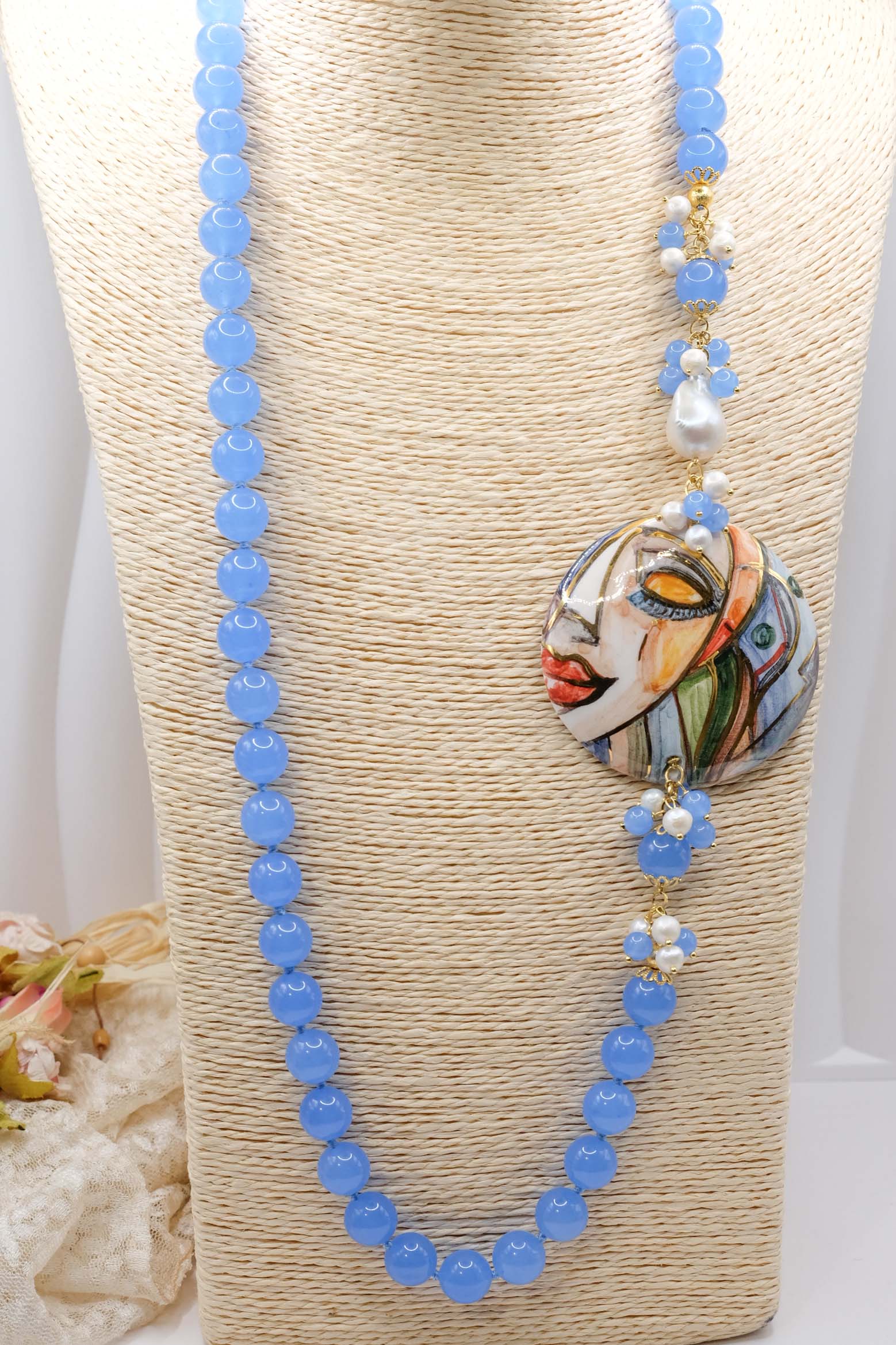 COLLANA GIADA BLU ARTIGIANALE PIASTRA CERAMICA SICILIA DI CALTAGIRONE ARGENTO (6)