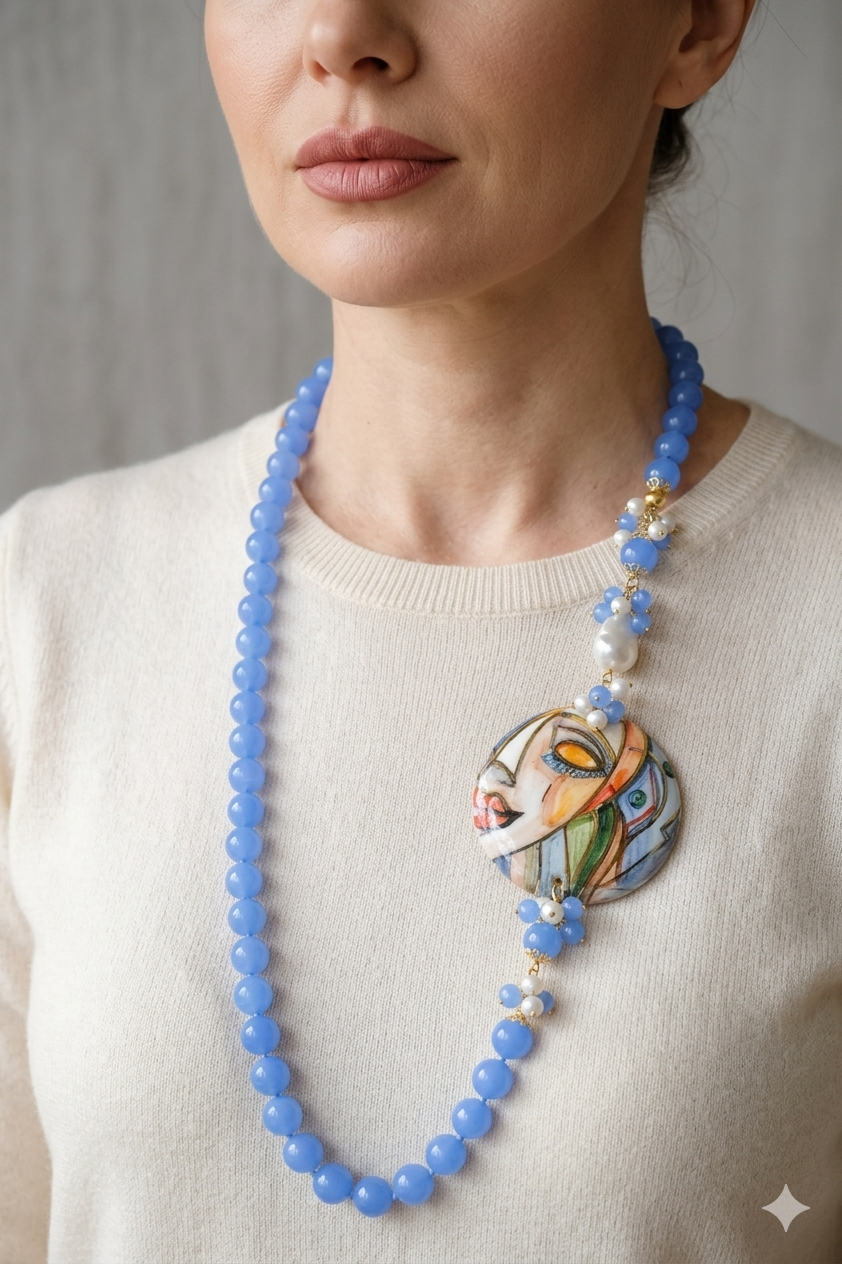 COLLANA GIADA BLU ARTIGIANALE PIASTRA CERAMICA SICILIA DI CALTAGIRONE ARGENTO