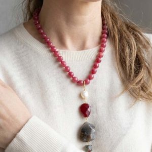Collana Artigianale Ciondolo Avventurina Giada Borgogna Perla