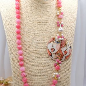 Collana Décolleté Piastra Tonda Ceramica Giada Rosa Perle Argento