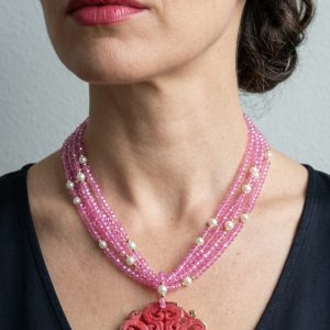 Collana Multifilo Mandala Giada Cristalli Rosa Perle Maiorca