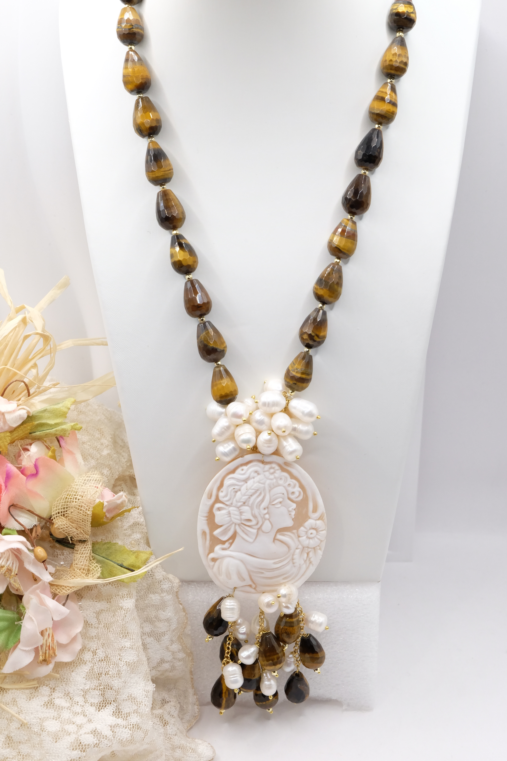 COLLANA OCCHIO DI TIGRE PERLE CAMMEO ARTIGIANALE (2)