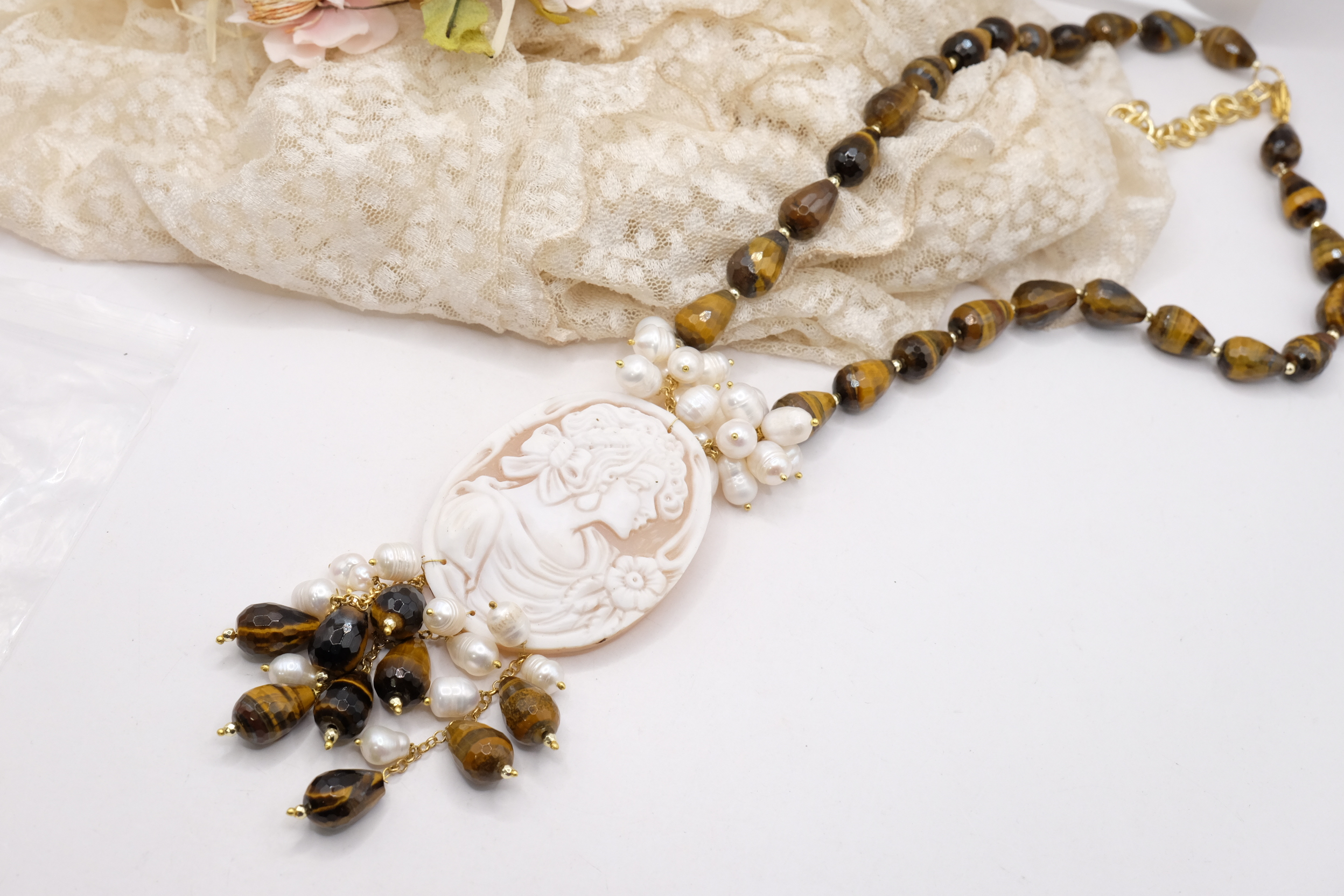 COLLANA OCCHIO DI TIGRE PERLE CAMMEO ARTIGIANALE (5)