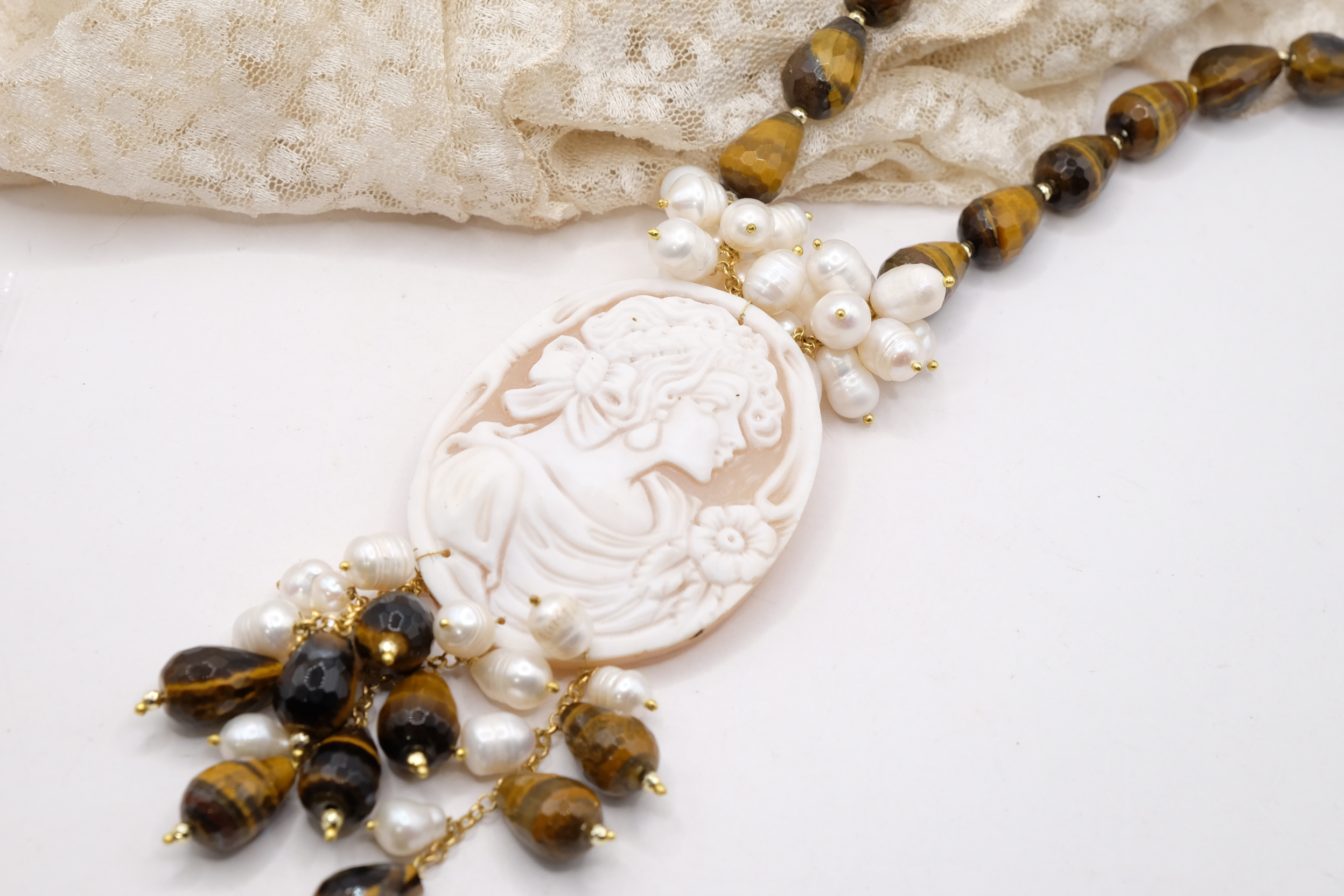 COLLANA OCCHIO DI TIGRE PERLE CAMMEO ARTIGIANALE (6)