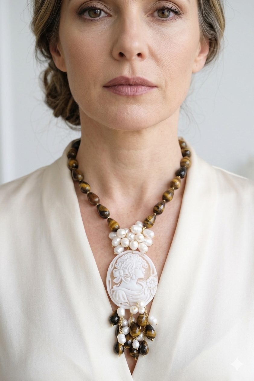 COLLANA OCCHIO DI TIGRE PERLE CAMMEO ARTIGIANALE