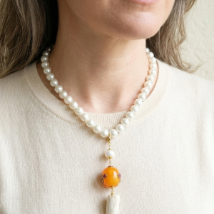 Collana Artigianale Ciondolo Nepalese Perle di Maiorca Corallo Bamboo