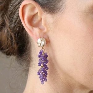 Orecchini Artigianali Ametista Perle Grappolo Acciaio