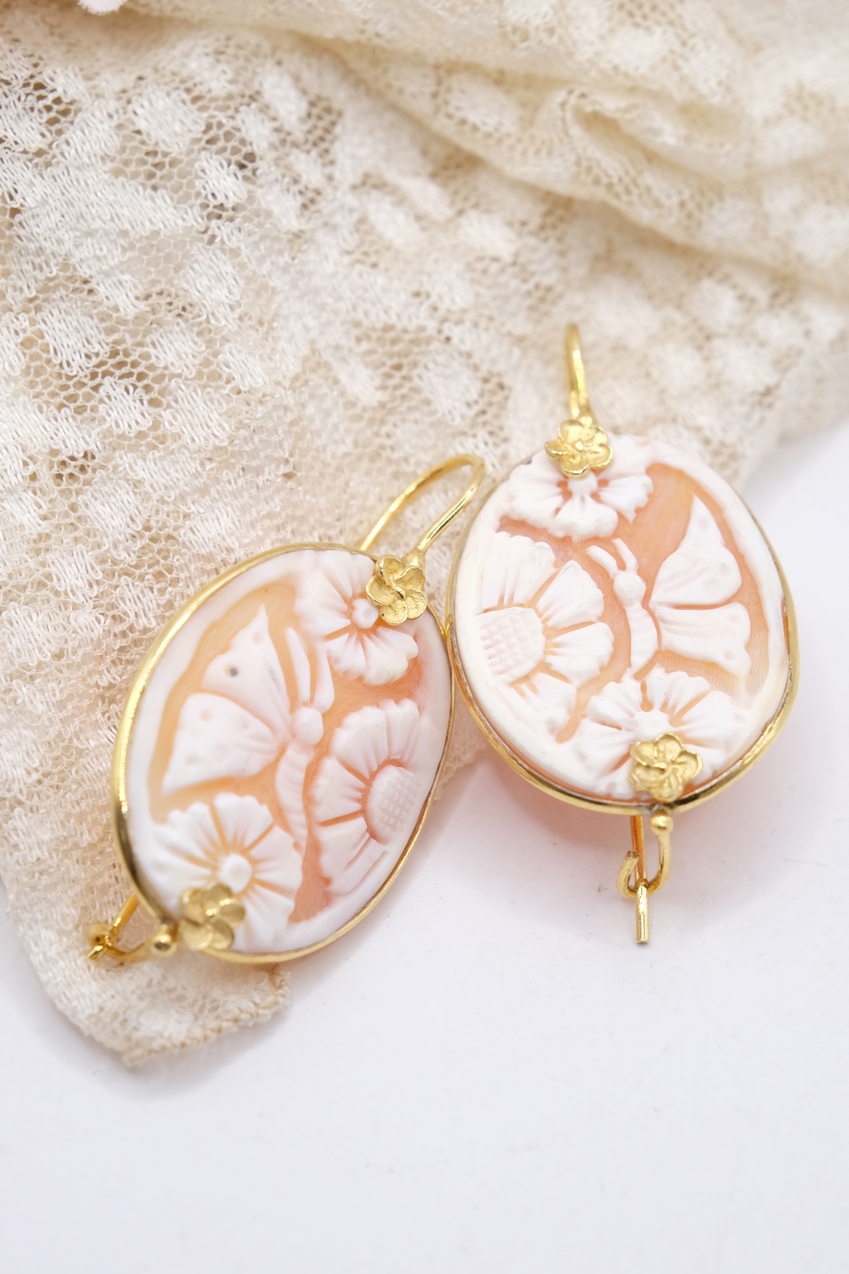 ORECCHINI ARTIGIANALI CAMMEO ARGENTO DORATO TORRE DEL GRECO FIORI FARFALLA (3)