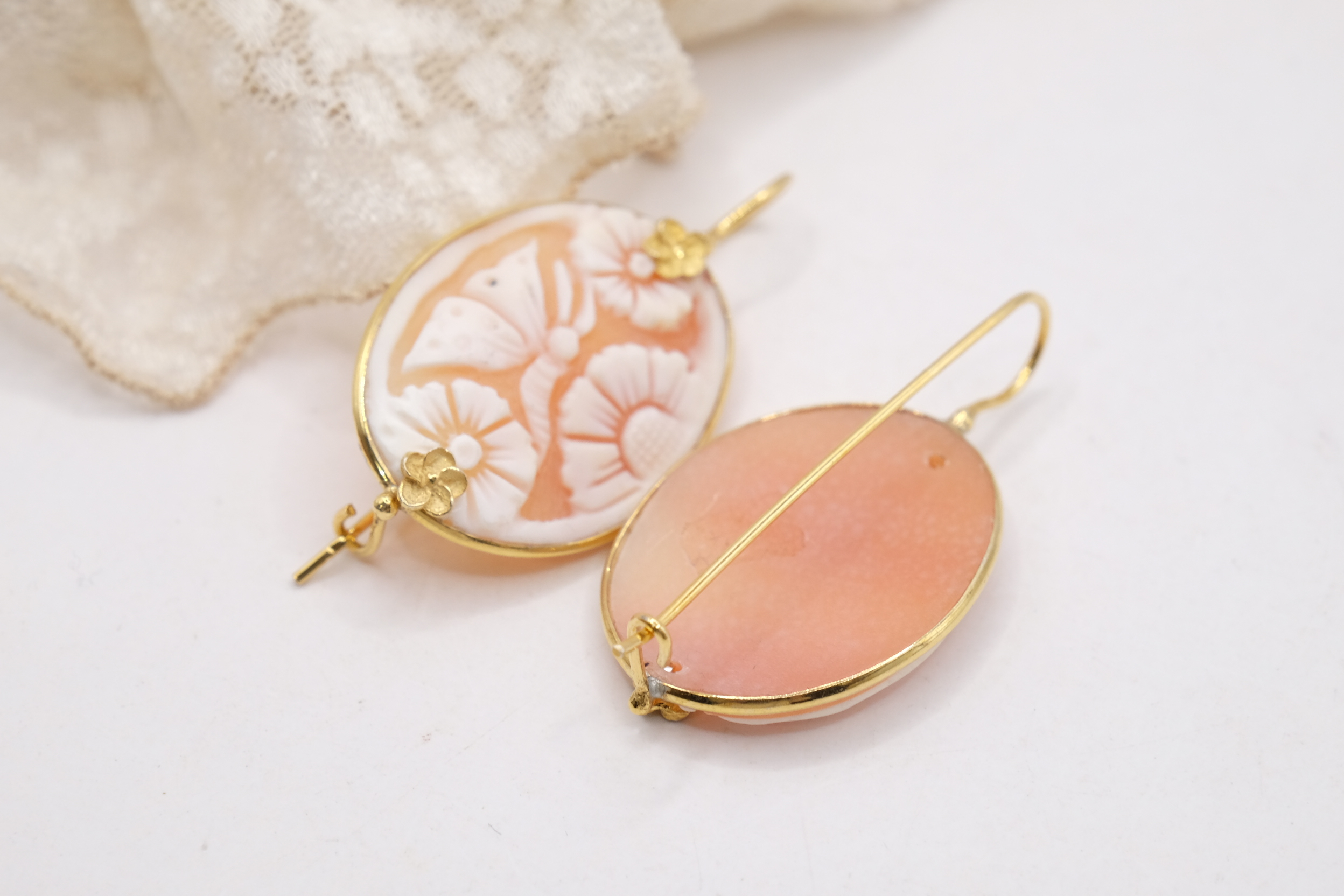 ORECCHINI ARTIGIANALI CAMMEO ARGENTO DORATO TORRE DEL GRECO FIORI FARFALLA (5)