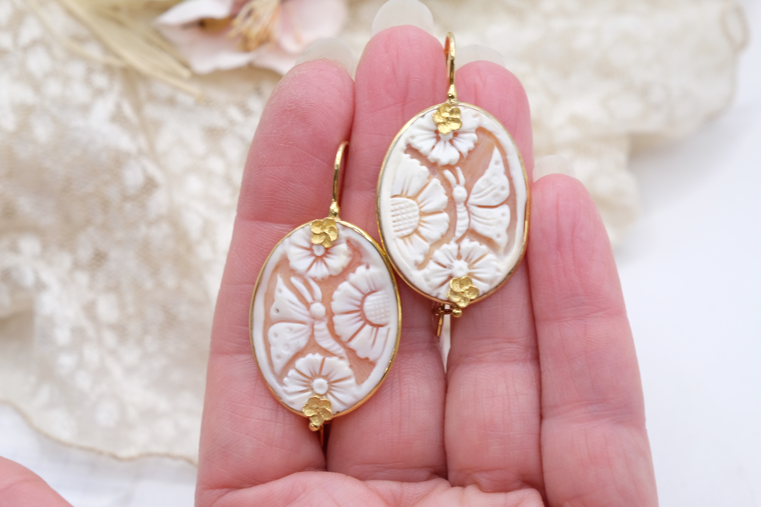 ORECCHINI ARTIGIANALI CAMMEO ARGENTO DORATO TORRE DEL GRECO FIORI FARFALLA (6)