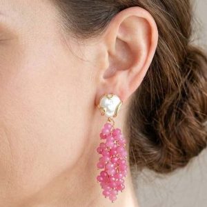 Orecchini Artigianali Giada Rosa Perle Grappolo Acciaio