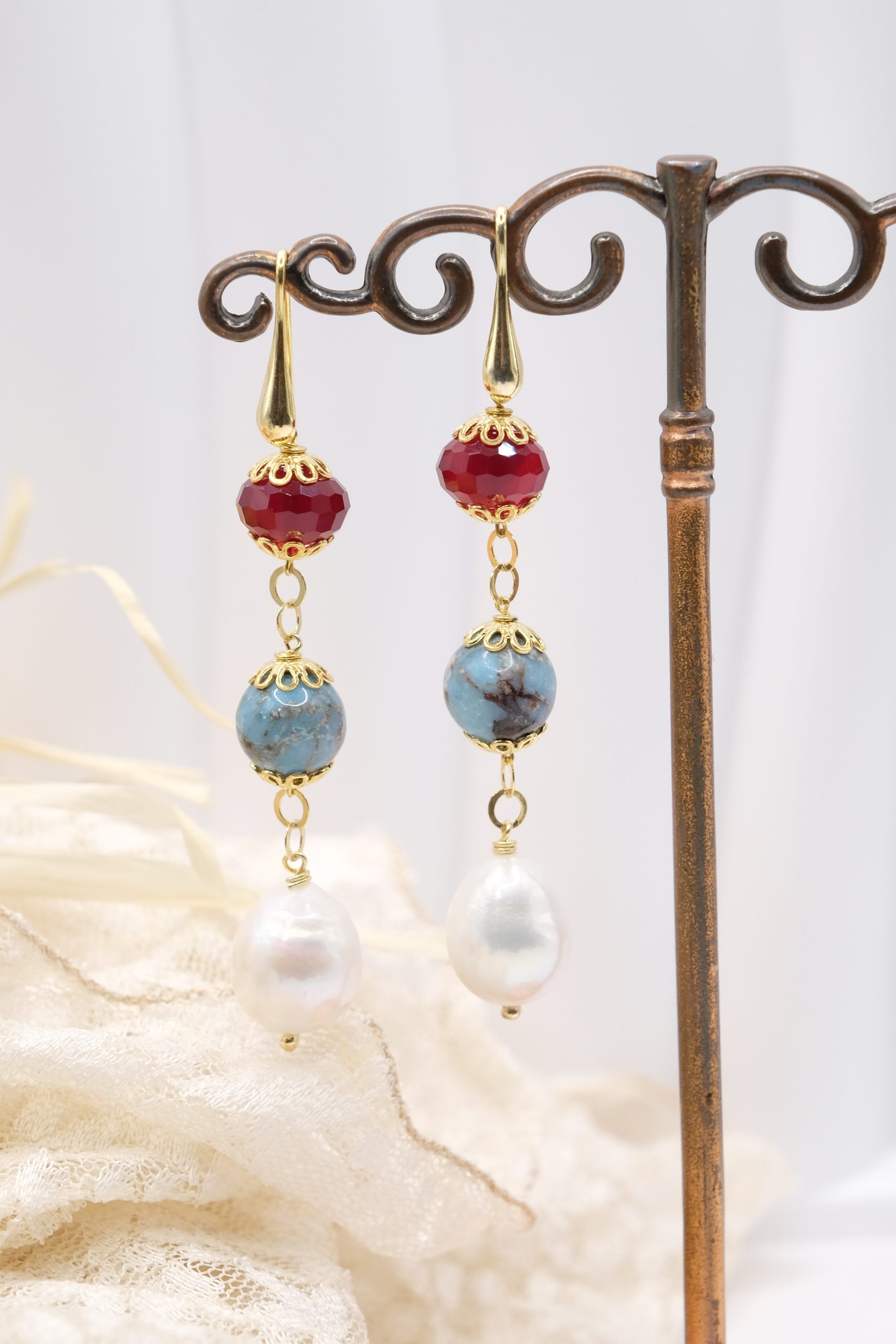 ORECCHINI ARTIGIANALI LARIMAR PERLE GIADA BORGOGNA (2)