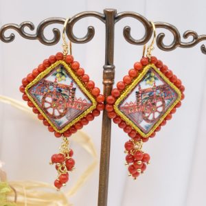 Orecchini Mattonelle in Ceramica Carretto Siciliano Corallo Bamboo