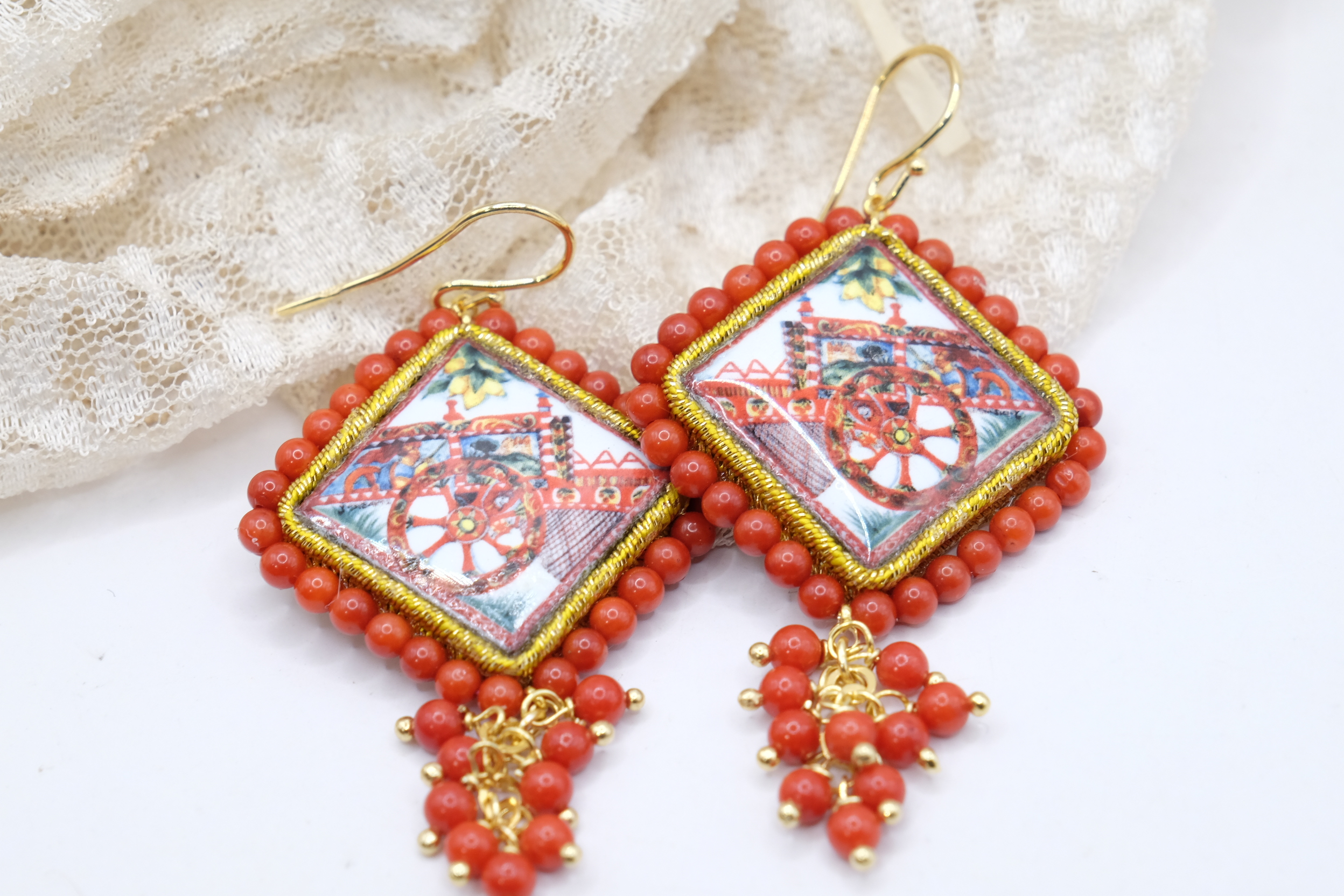 ORECCHINI ARTIGIANALI MATTONELLE PIASTRELLE CERAMICA CORALLO BAMBOO CARRETTO CARRETTI SICILIA SICILIANO (3)