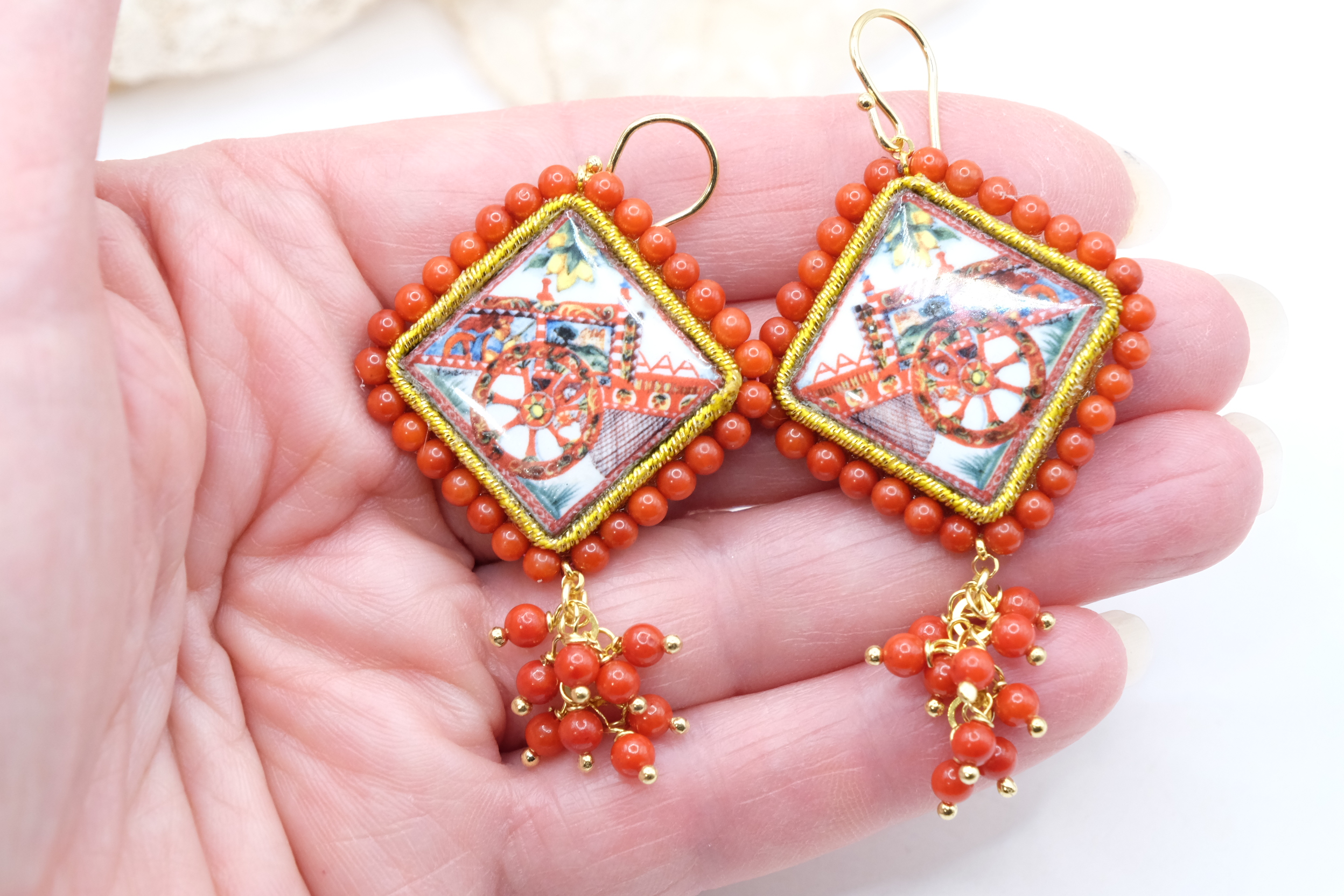 ORECCHINI ARTIGIANALI MATTONELLE PIASTRELLE CERAMICA CORALLO BAMBOO CARRETTO CARRETTI SICILIA SICILIANO (4)