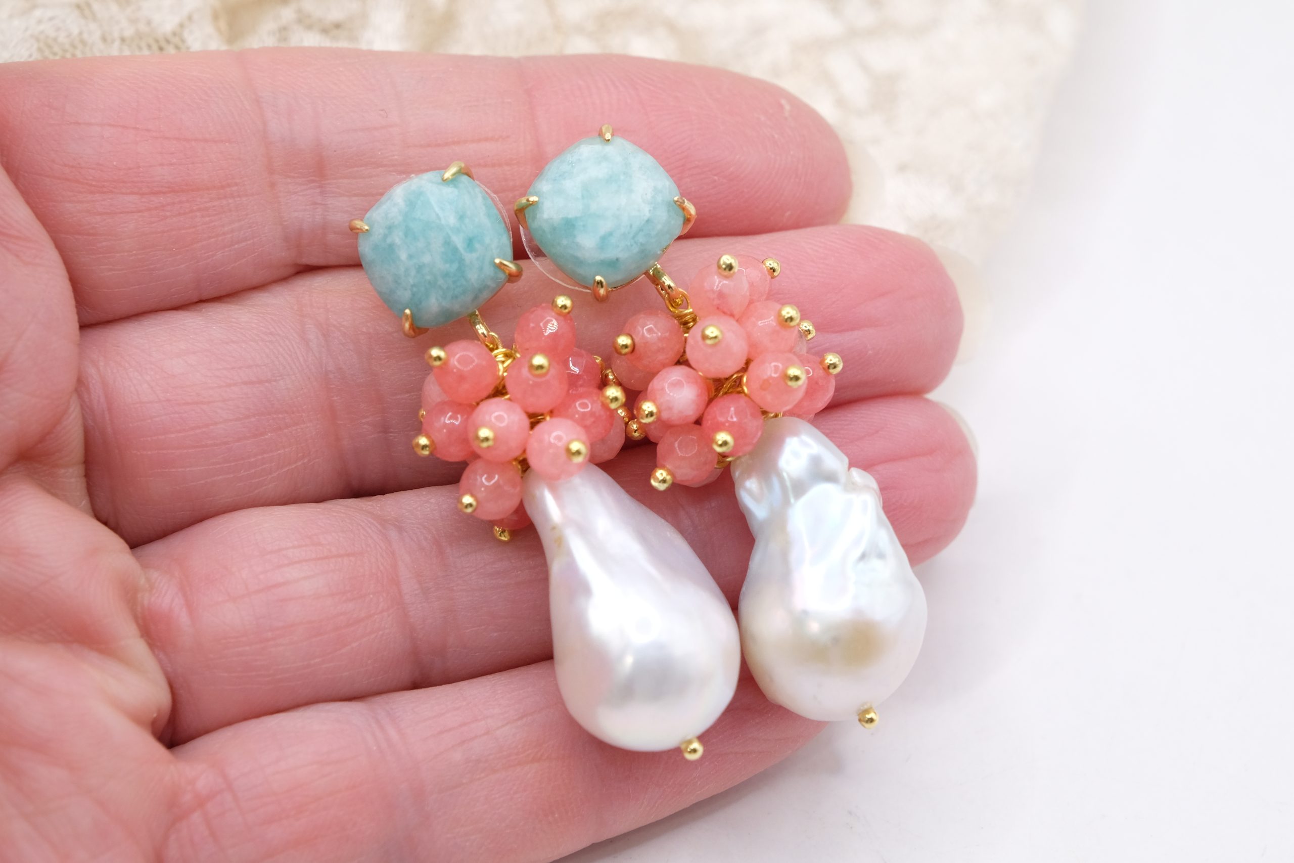 ORECCHINI ARTIGIANALI PERLE GIADA ROSA AMAZZONITE (3)