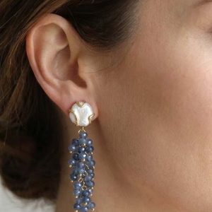 Orecchini Artigianali Radice di Zaffiro Perle Grappolo Acciaio