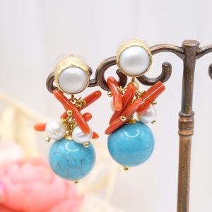 Orecchini Grappolo Turchese Corallo Perle Perno