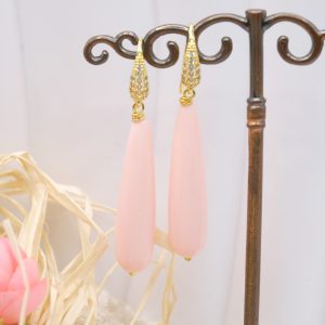 Orecchini Goccia Lunga Pasta di Corallo Rosa Acciaio Zirconi