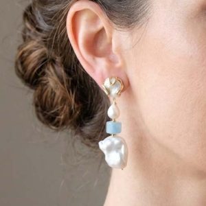 Orecchini Pendenti Acquamarina Perle Perno