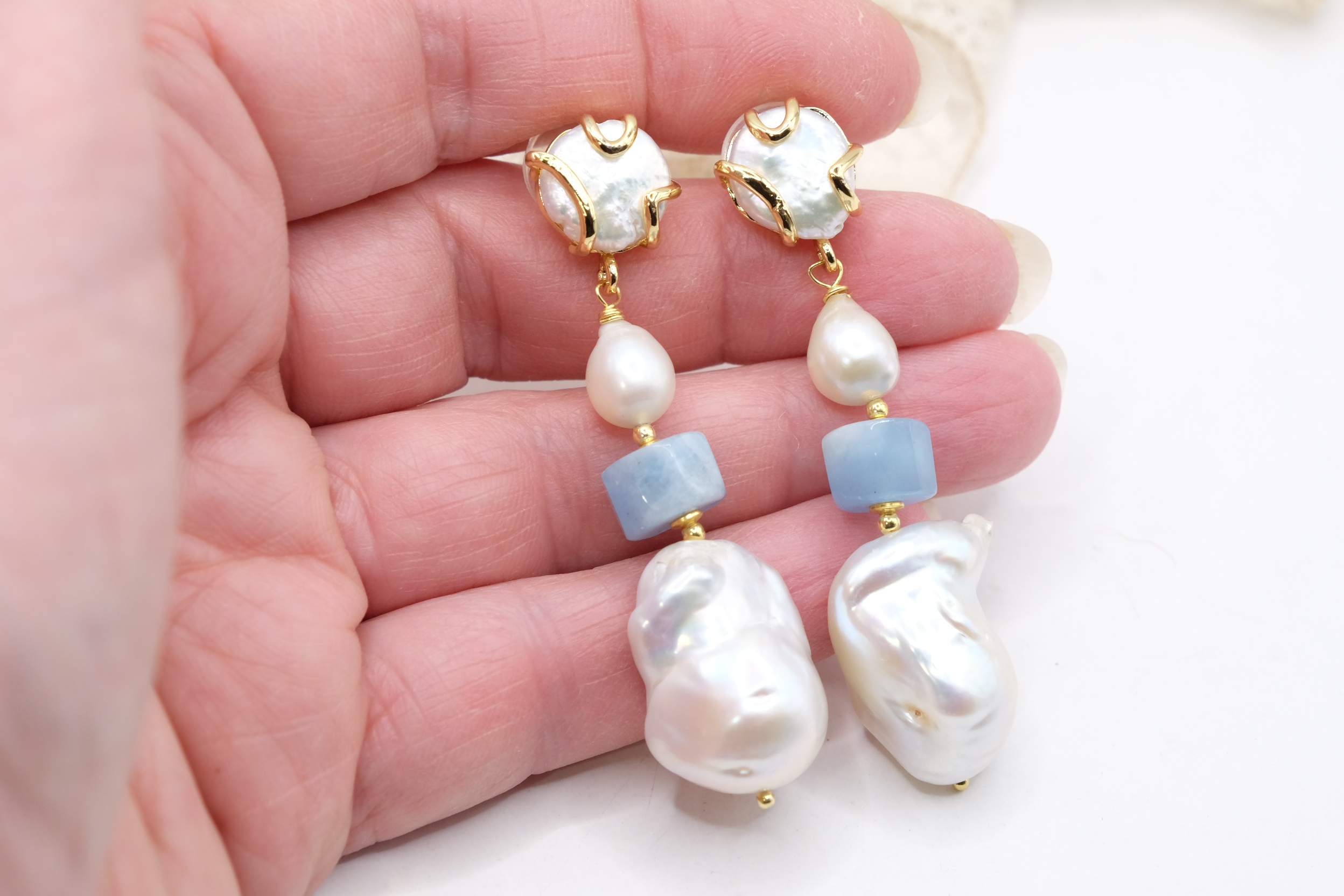 HANDMADE AQUAMARINE PEARL DANGLE EARRINGS (6)