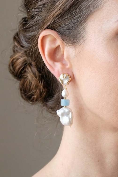 Handcrafted aquamarine pearl drop earrings