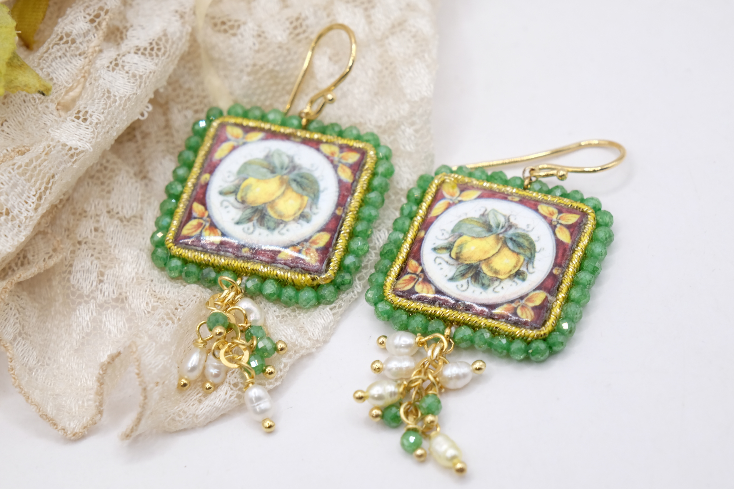 ORECCHINI ZIRCONI VERDI MATTONELLE PIASTRELLE CERAMICA DI CALTAGIRONE LIMONI LIMONE FICHI D INDIA FICO ARGENTO (1)