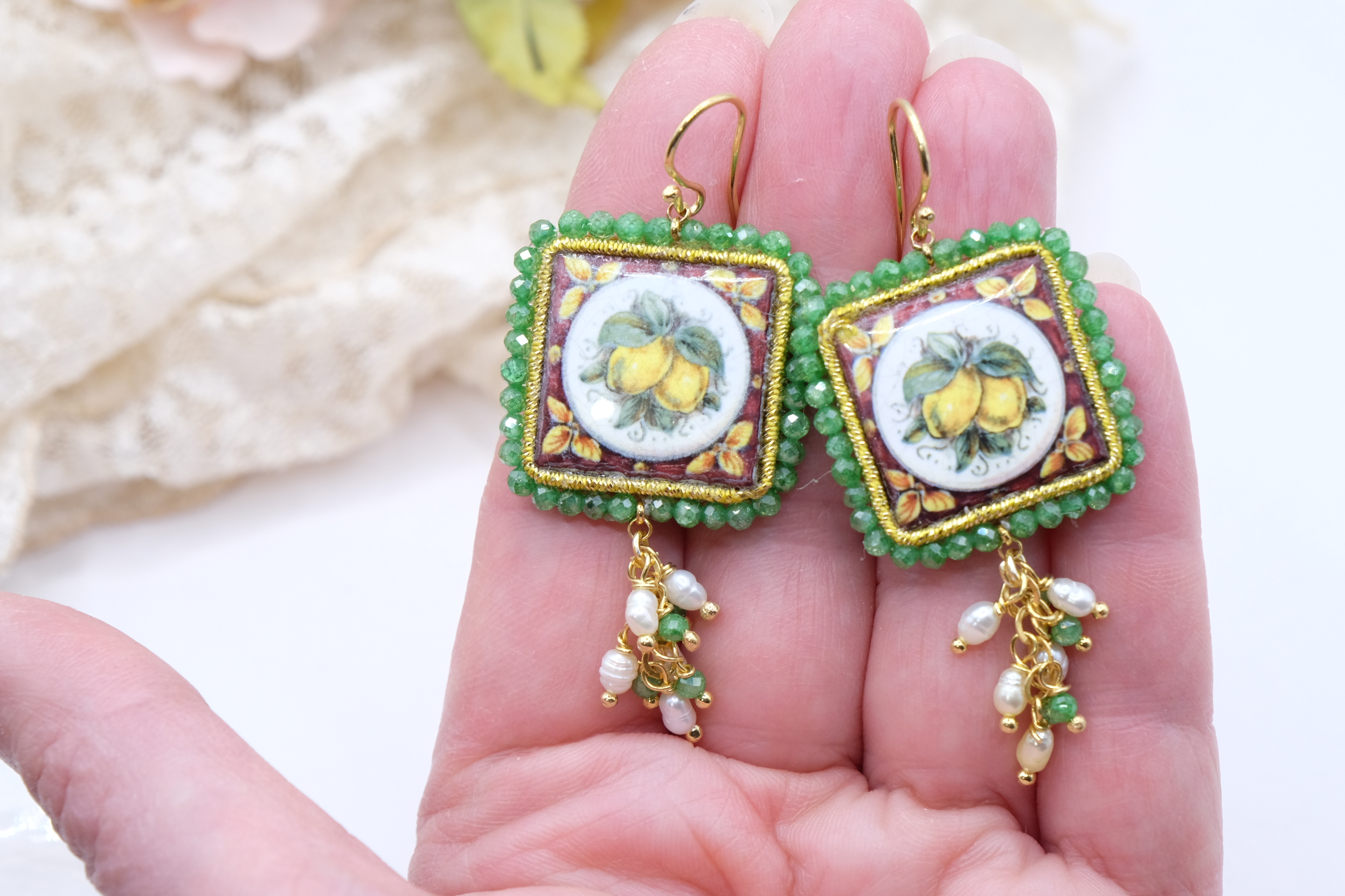 ORECCHINI ZIRCONI VERDI MATTONELLE PIASTRELLE CERAMICA DI CALTAGIRONE LIMONI LIMONE FICHI D INDIA FICO ARGENTO (2)