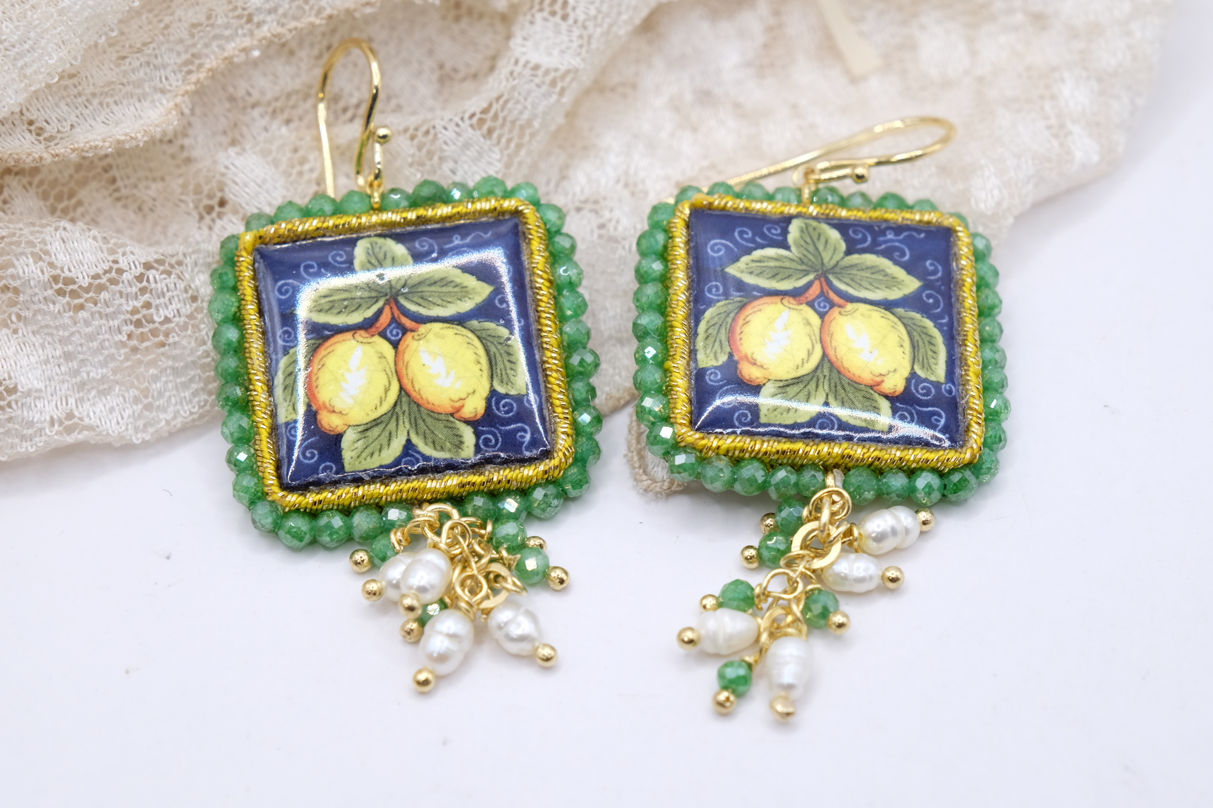 ORECCHINI ZIRCONI VERDI MATTONELLE PIASTRELLE CERAMICA DI CALTAGIRONE LIMONI LIMONE FICHI D INDIA FICO ARGENTO (4)