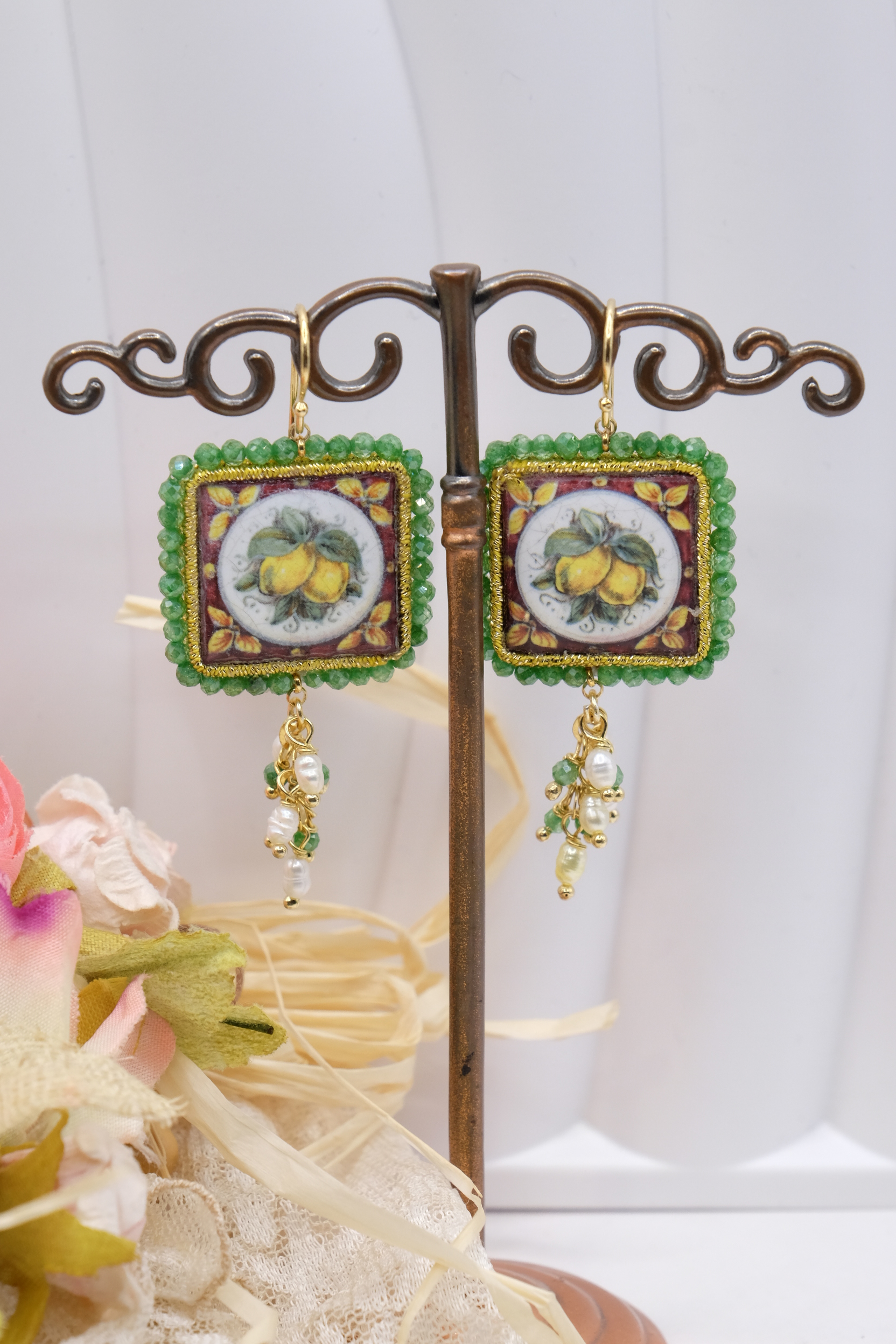 ORECCHINI ZIRCONI VERDI MATTONELLE PIASTRELLE CERAMICA DI CALTAGIRONE LIMONI LIMONE FICHI D INDIA FICO ARGENTO (5)