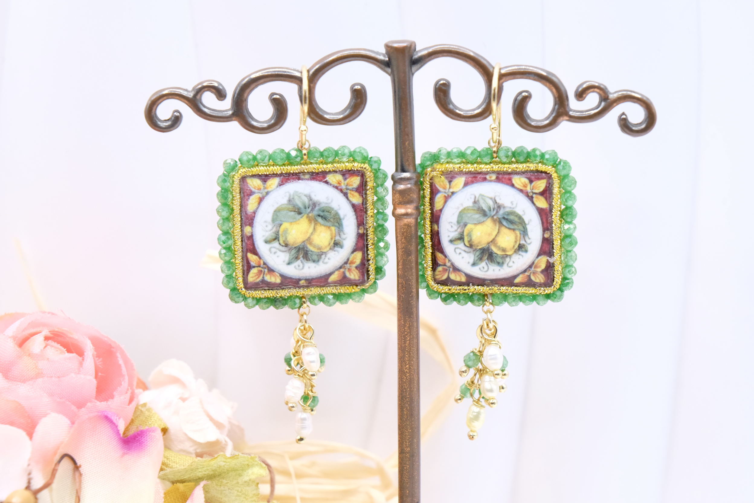 ORECCHINI ZIRCONI VERDI MATTONELLE PIASTRELLE CERAMICA DI CALTAGIRONE LIMONI LIMONE FICHI D INDIA FICO ARGENTO (6)