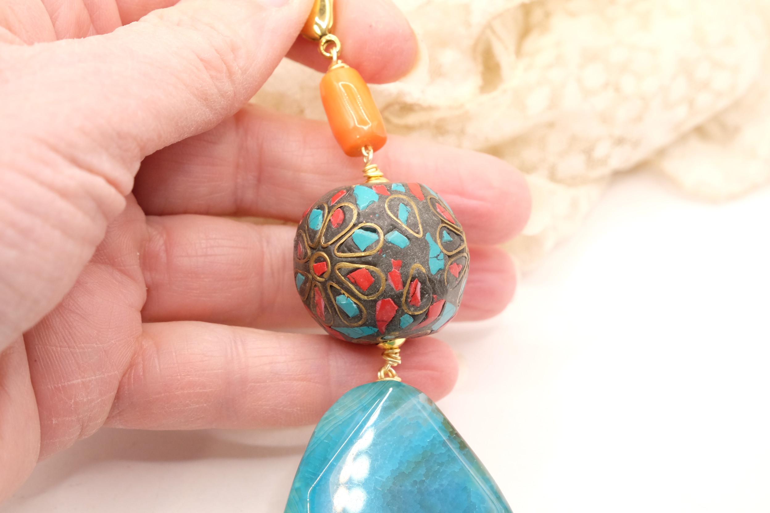 PENDENTE NEPALESE CORALLO TURCHESE AGATA BLU BAMBOO (2)