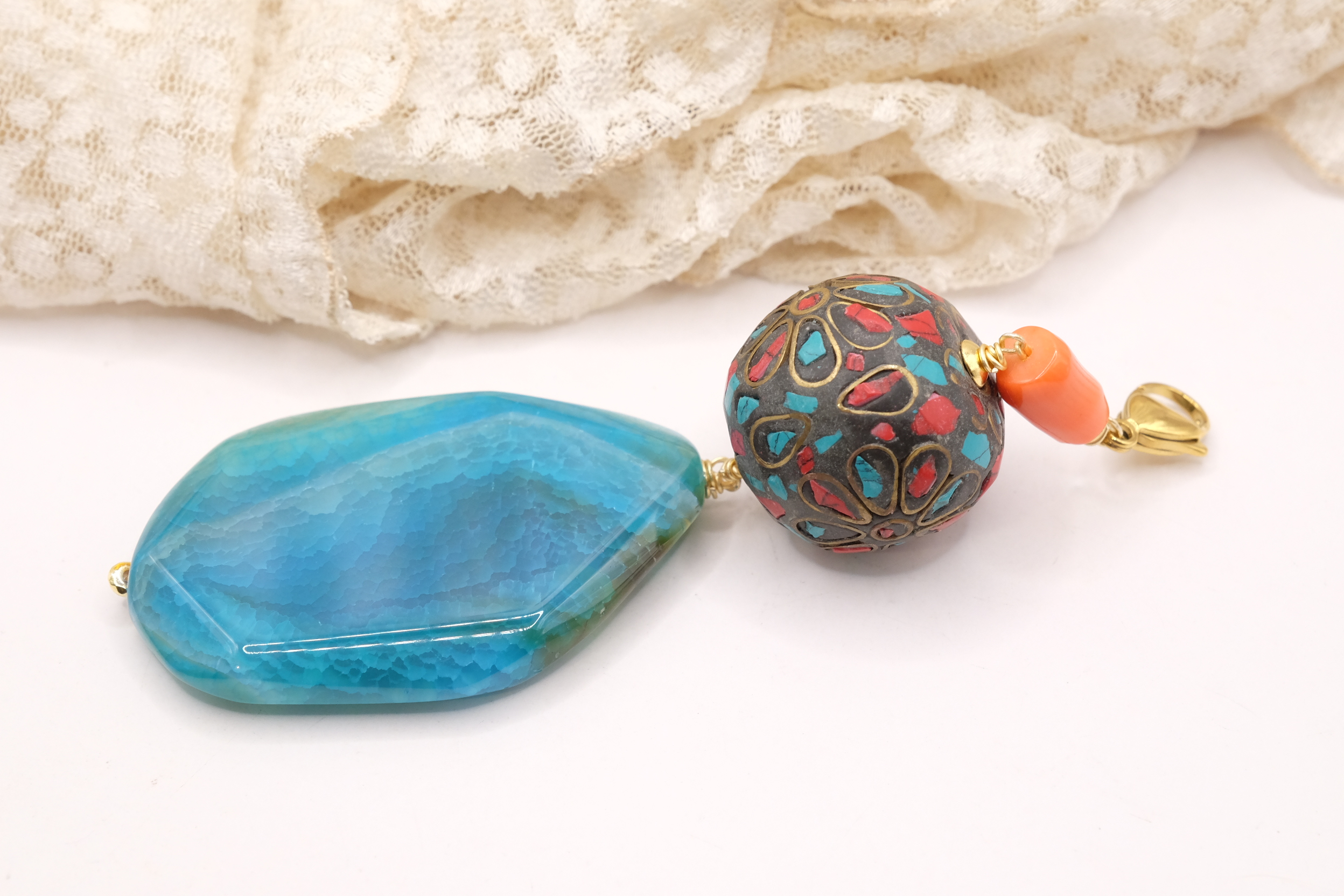 PENDENTE NEPALESE CORALLO TURCHESE AGATA BLU BAMBOO (3)