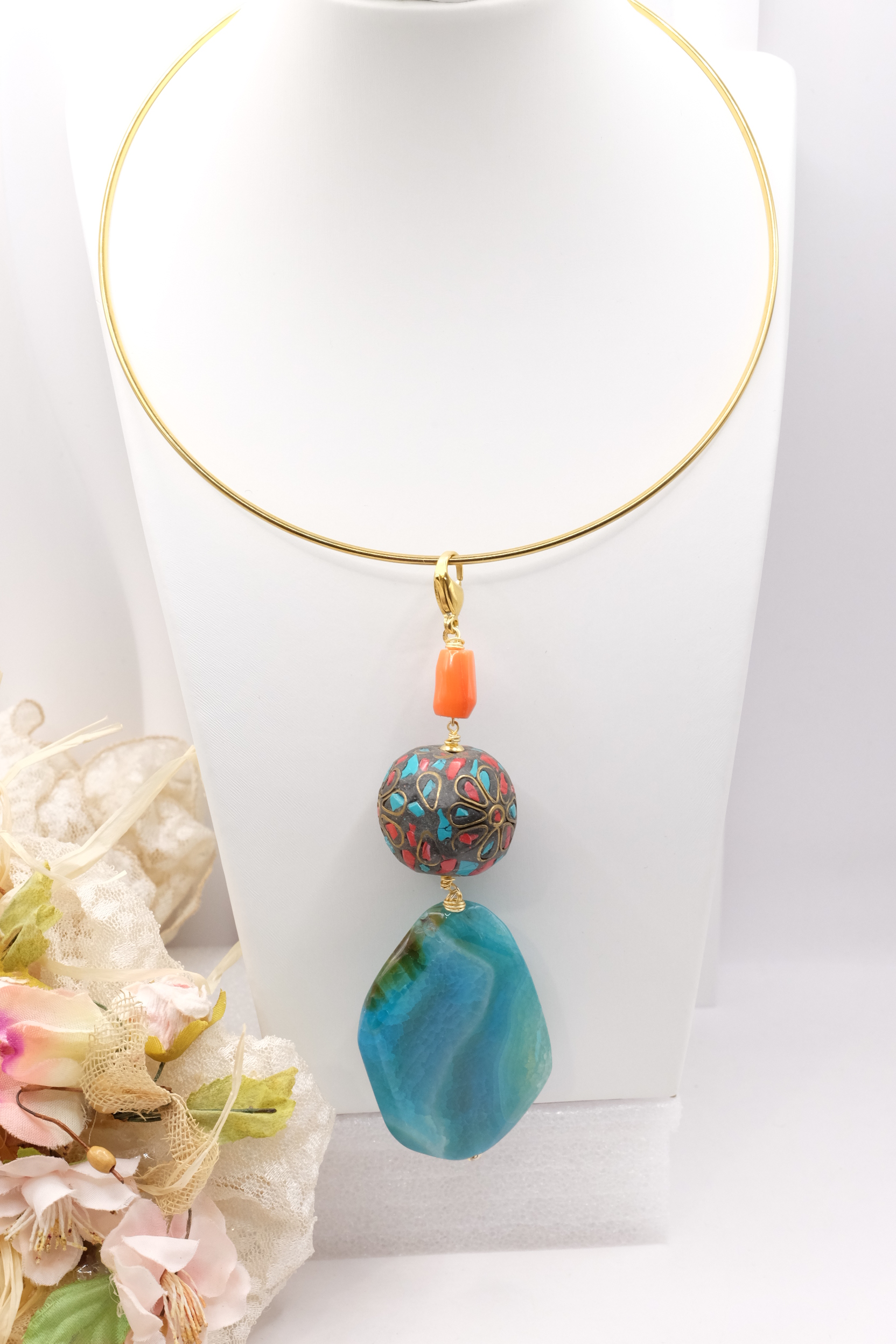 PENDENTE NEPALESE CORALLO TURCHESE AGATA BLU BAMBOO (4)